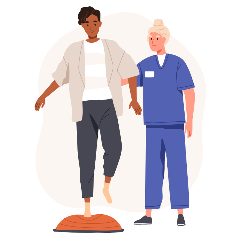 Physiotherapie Hips dont lie Mann balanciert mit einem Bein auf einem Kissen bei der Physiotherapie